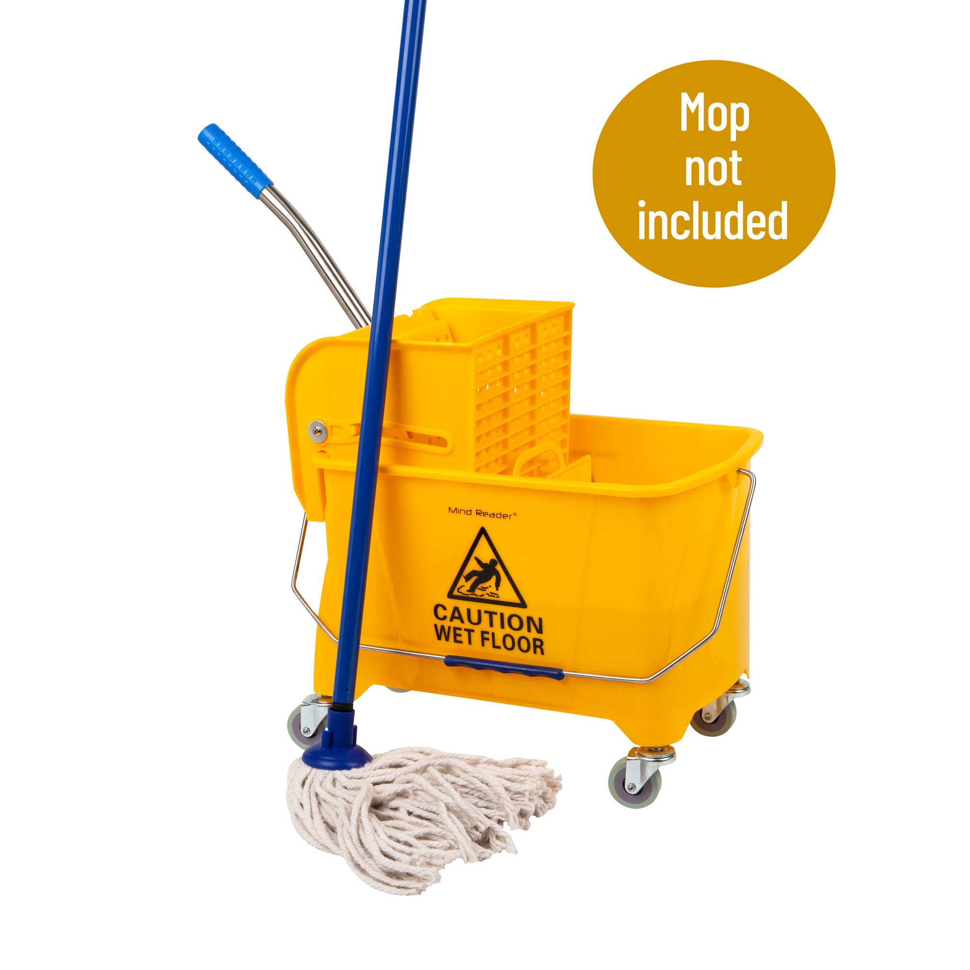 Mind Reader Mop Bucket with Wringer, 5.5 Gallon Upward Press, Plastic Cleaning Bucket with Handle and Wheels, Yellow